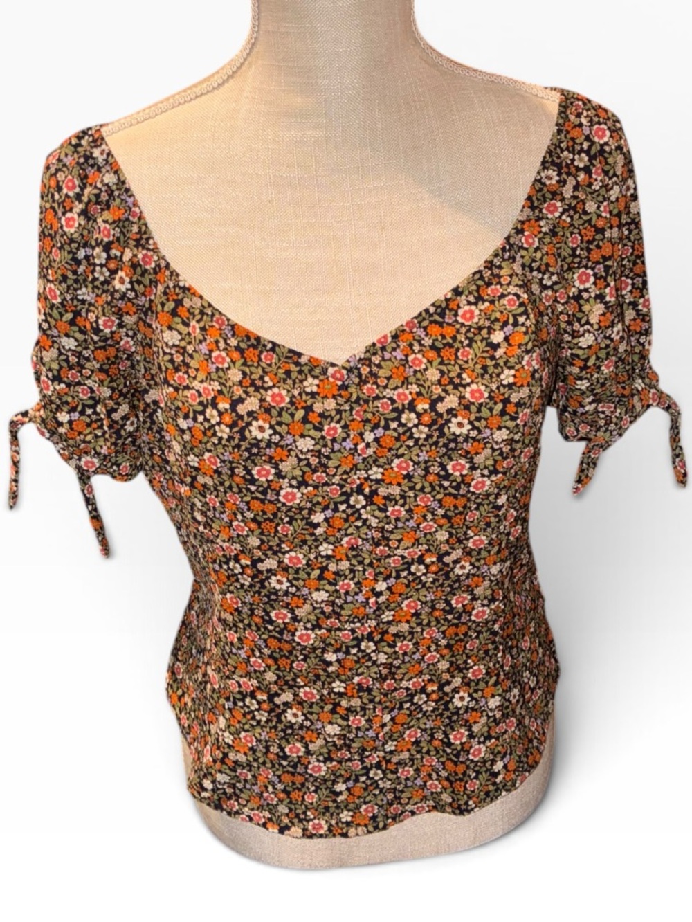 Sweet Wanderer Brown Floral Scoop Neck Tie-Sleeve Top